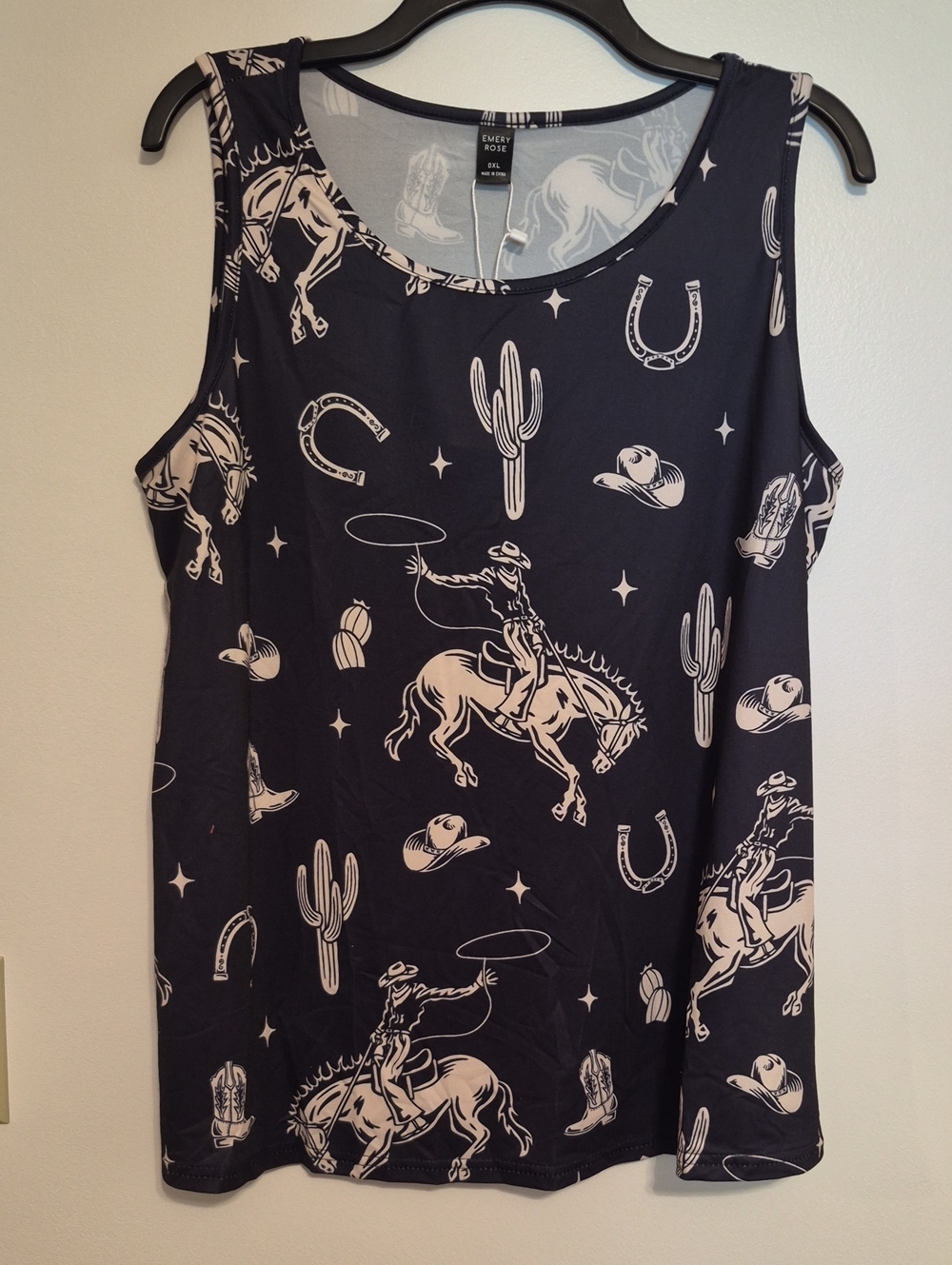 NWT Emery Rose Black Tank Top with Cream Western Print SZ XL